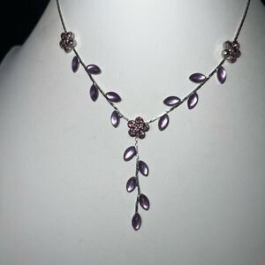 Silver Tone and Purple Sparkle Flower Y Necklace
